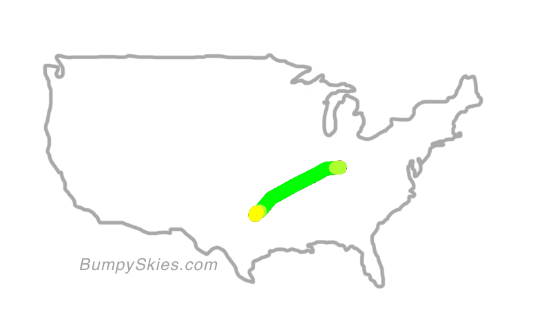 Map of continental US with illustrated flight path and turbulence forecast (described in text below)