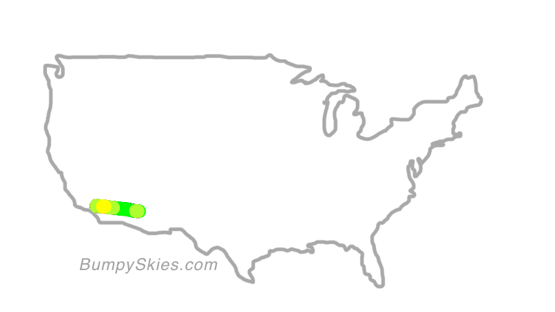 Map of continental US with illustrated flight path and turbulence forecast (described in text below)