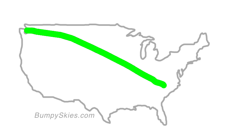 Map of continental US with illustrated flight path and turbulence forecast (described in text below)