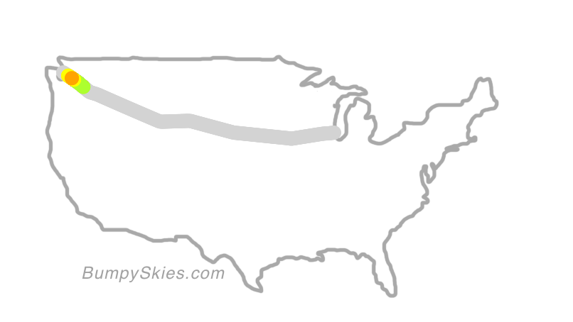 Map of continental US with illustrated flight path and turbulence forecast (described in text below)