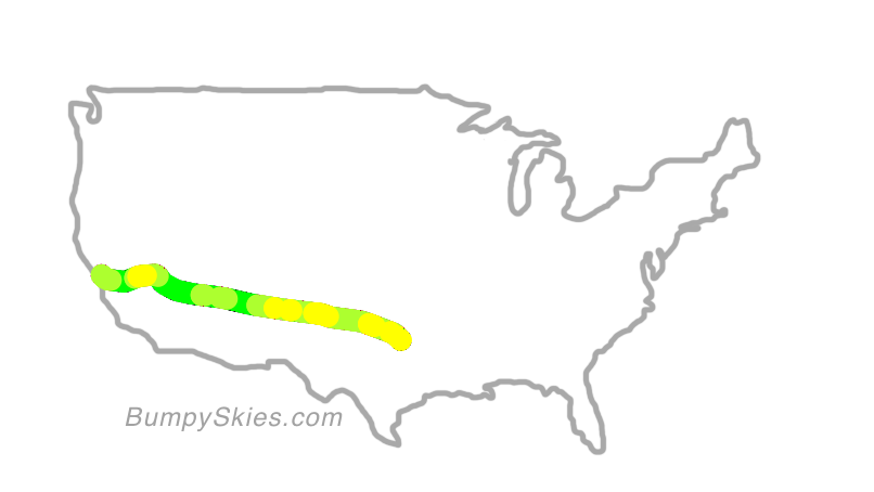 Map of continental US with illustrated flight path and turbulence forecast (described in text below)