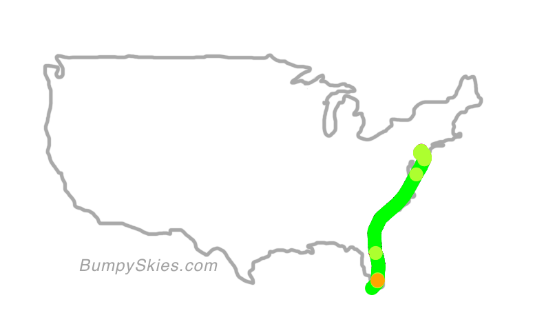 Map of continental US with illustrated flight path and turbulence forecast (described in text below)
