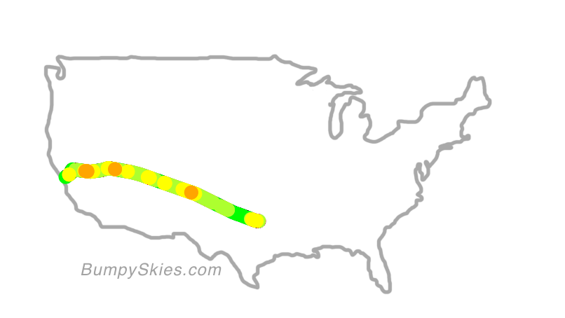 Map of continental US with illustrated flight path and turbulence forecast (described in text below)