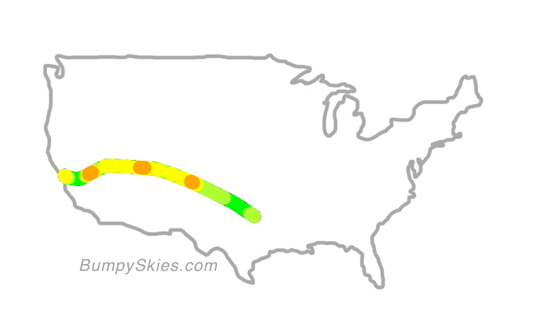 Map of continental US with illustrated flight path and turbulence forecast (described in text below)