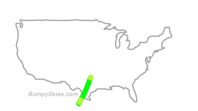 Map of continental US with illustrated flight path and turbulence forecast (described in text below)