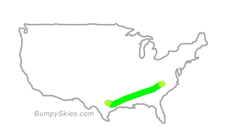 Map of continental US with illustrated flight path and turbulence forecast (described in text below)