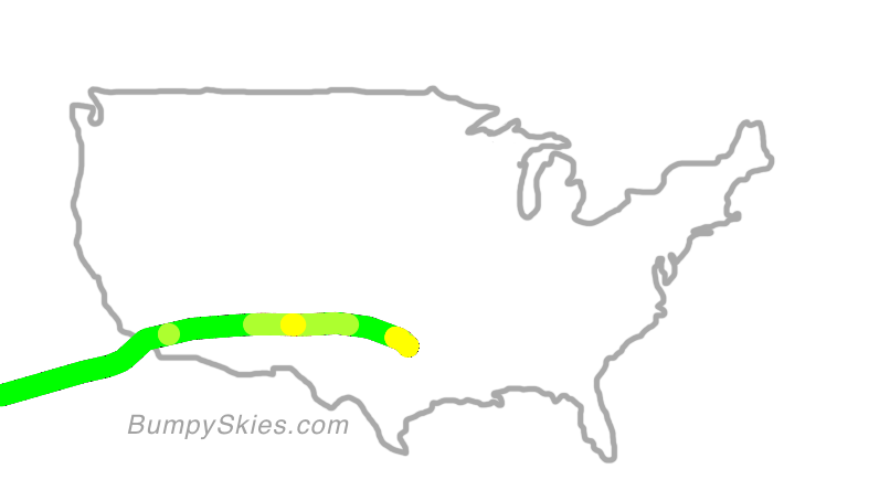 Map of continental US with illustrated flight path and turbulence forecast (described in text below)