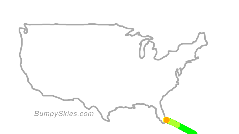 Map of continental US with illustrated flight path and turbulence forecast (described in text below)