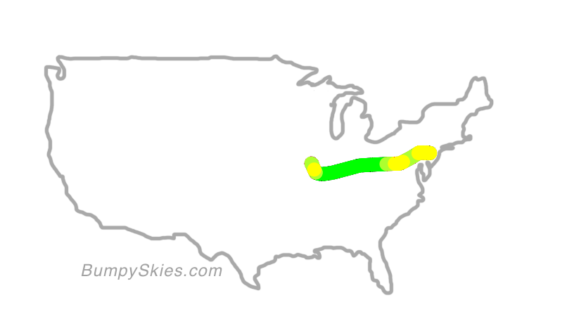 Map of continental US with illustrated flight path and turbulence forecast (described in text below)