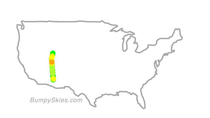 Map of continental US with illustrated flight path and turbulence forecast (described in text below)