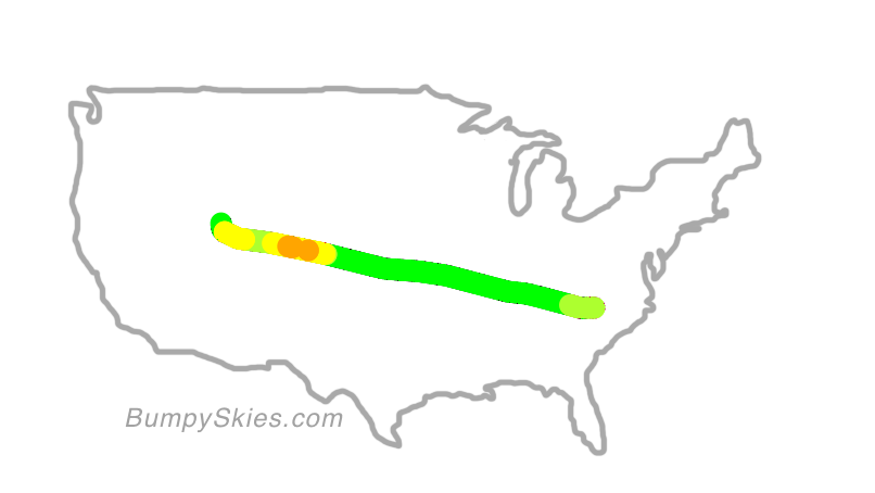 Map of continental US with illustrated flight path and turbulence forecast (described in text below)