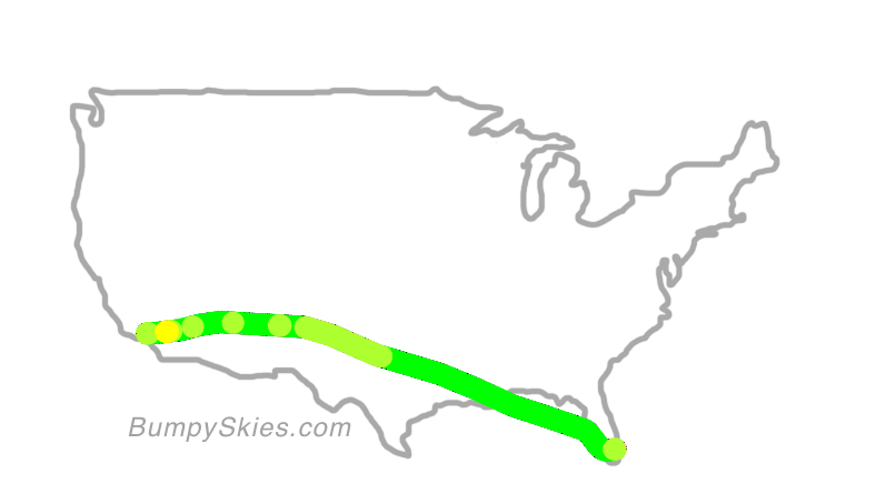 Map of continental US with illustrated flight path and turbulence forecast (described in text below)