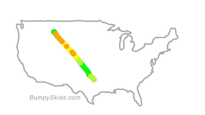 Map of continental US with illustrated flight path and turbulence forecast (described in text below)