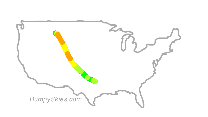 Map of continental US with illustrated flight path and turbulence forecast (described in text below)