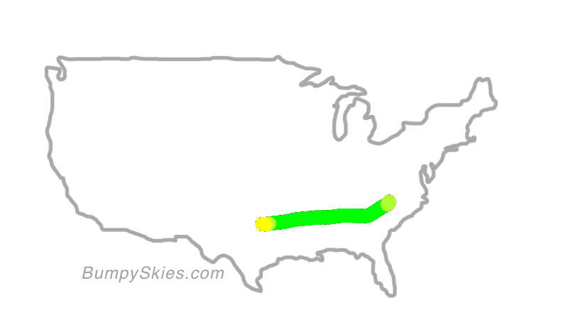 Map of continental US with illustrated flight path and turbulence forecast (described in text below)