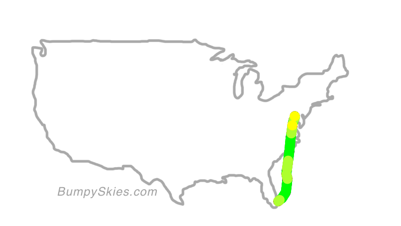Map of continental US with illustrated flight path and turbulence forecast (described in text below)