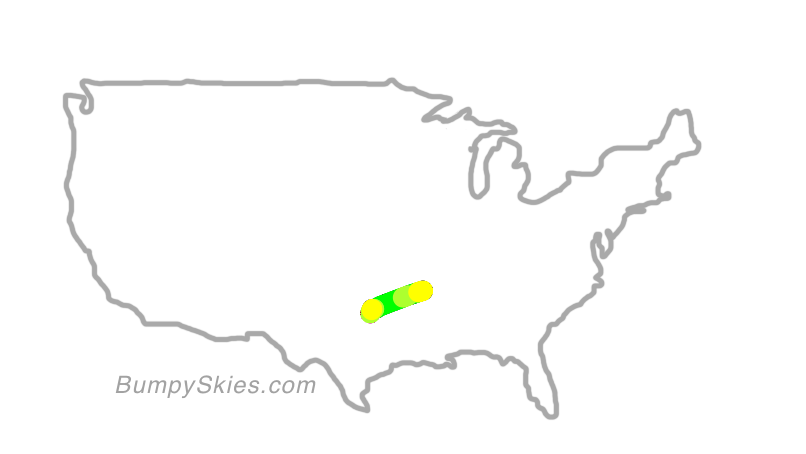 Map of continental US with illustrated flight path and turbulence forecast (described in text below)