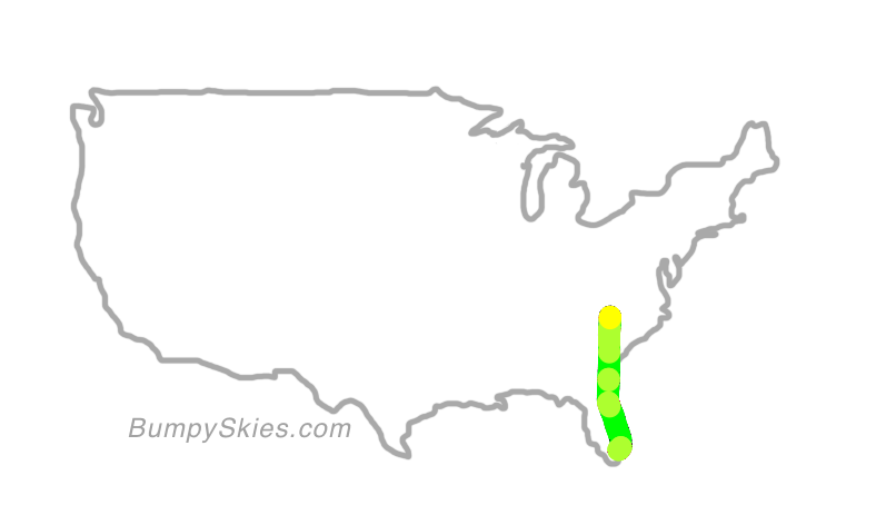 Map of continental US with illustrated flight path and turbulence forecast (described in text below)