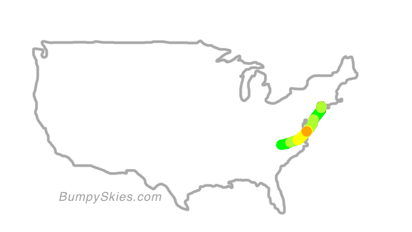 Map of continental US with illustrated flight path and turbulence forecast (described in text below)