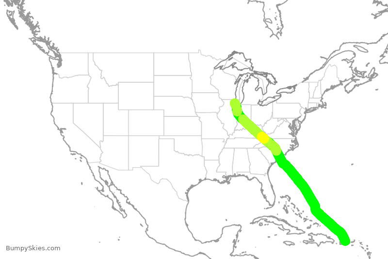 Turbulence forecast map for AAL3192, ORD to SJU