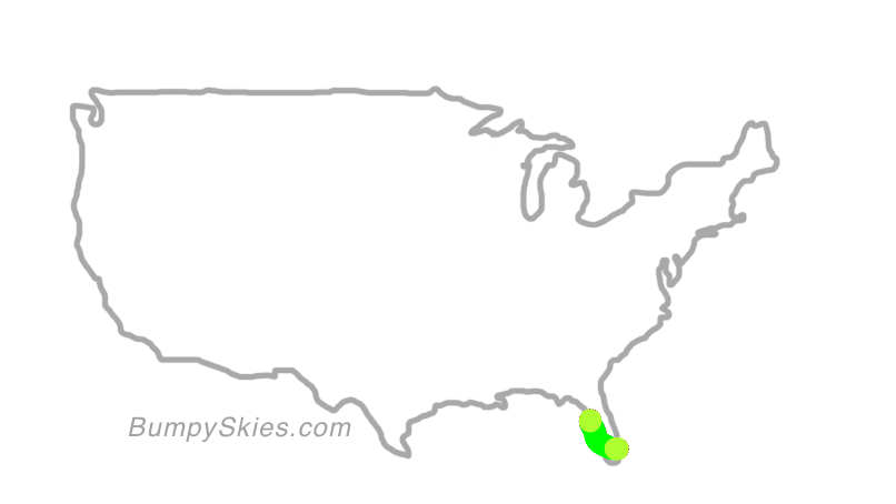 Map of continental US with illustrated flight path and turbulence forecast (described in text below)