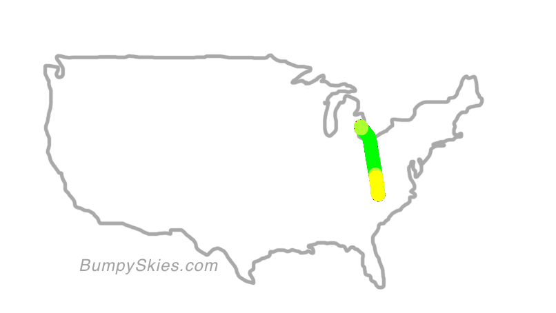 Map of continental US with illustrated flight path and turbulence forecast (described in text below)