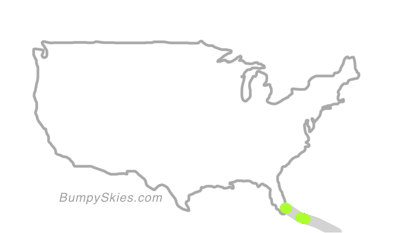 Map of continental US with illustrated flight path and turbulence forecast (described in text below)