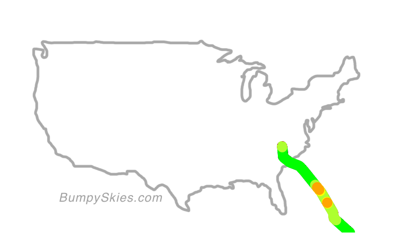 Map of continental US with illustrated flight path and turbulence forecast (described in text below)