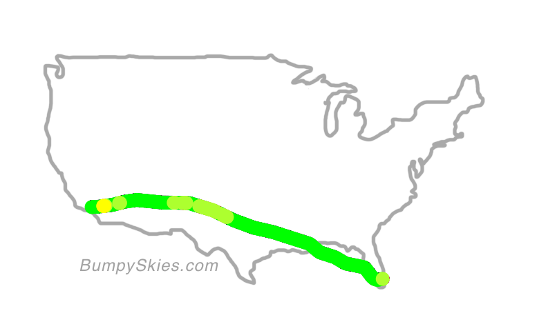 Map of continental US with illustrated flight path and turbulence forecast (described in text below)