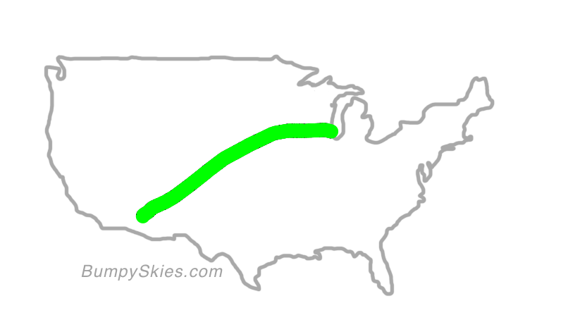 Map of continental US with illustrated flight path and turbulence forecast (described in text below)