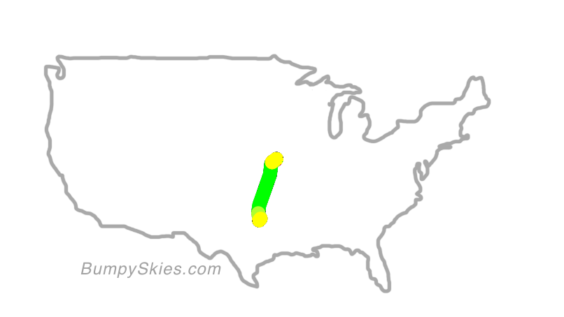 Map of continental US with illustrated flight path and turbulence forecast (described in text below)