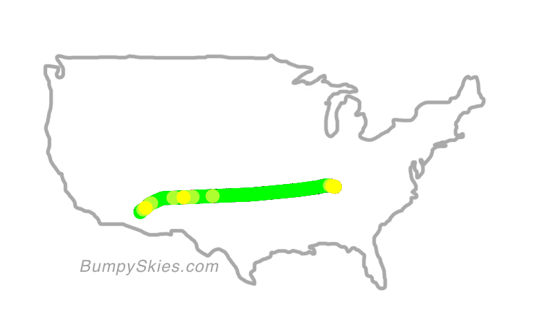Map of continental US with illustrated flight path and turbulence forecast (described in text below)