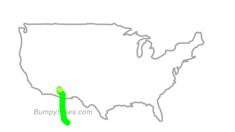 Map of continental US with illustrated flight path and turbulence forecast (described in text below)