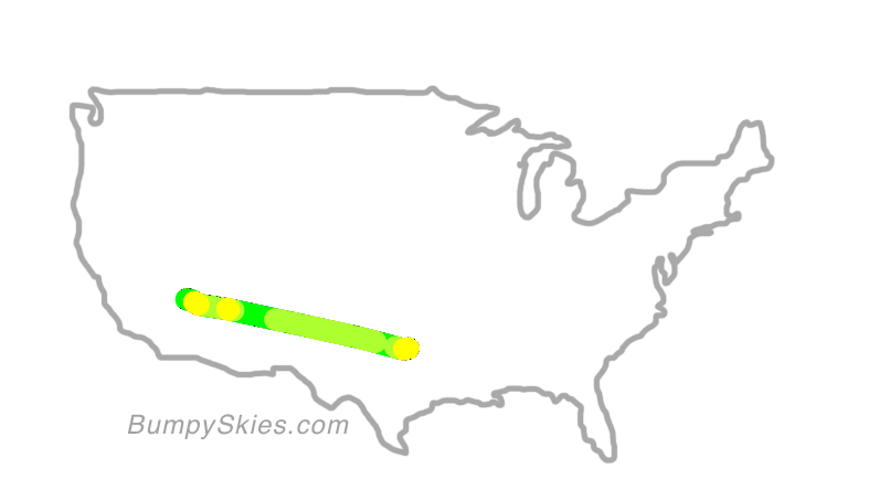 Map of continental US with illustrated flight path and turbulence forecast (described in text below)