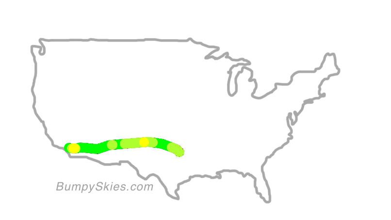Map of continental US with illustrated flight path and turbulence forecast (described in text below)
