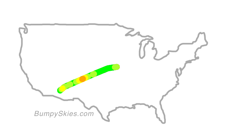 Map of continental US with illustrated flight path and turbulence forecast (described in text below)