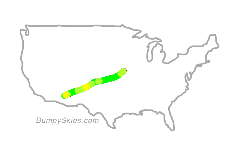 Map of continental US with illustrated flight path and turbulence forecast (described in text below)