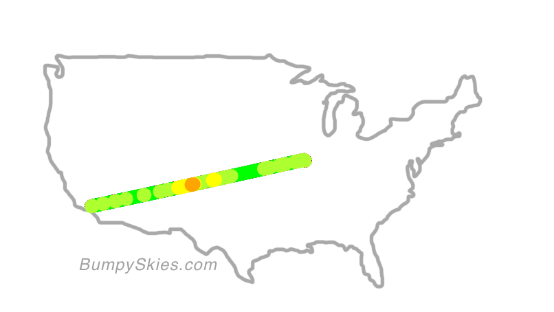 Map of continental US with illustrated flight path and turbulence forecast (described in text below)