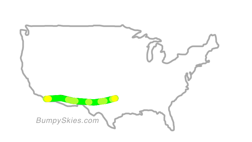 Map of continental US with illustrated flight path and turbulence forecast (described in text below)
