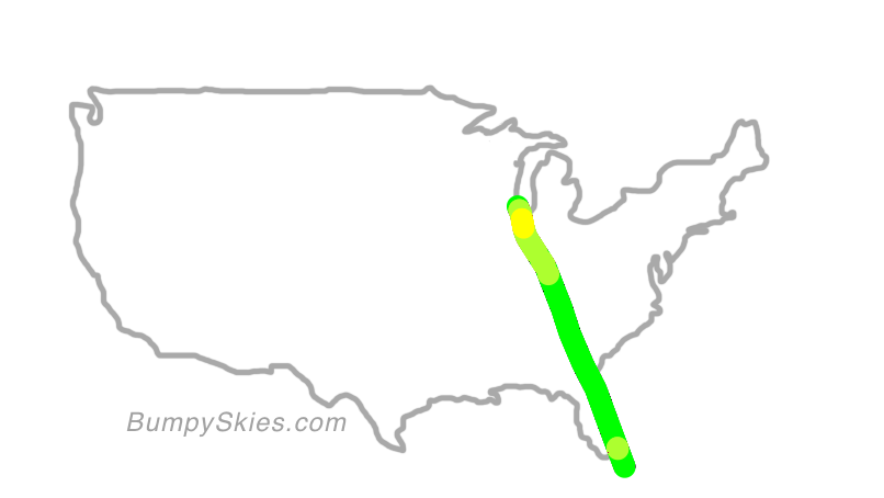 Map of continental US with illustrated flight path and turbulence forecast (described in text below)
