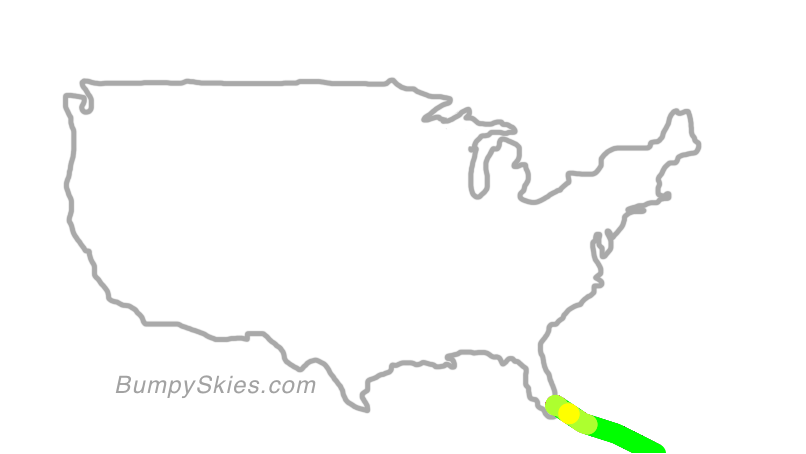 Map of continental US with illustrated flight path and turbulence forecast (described in text below)