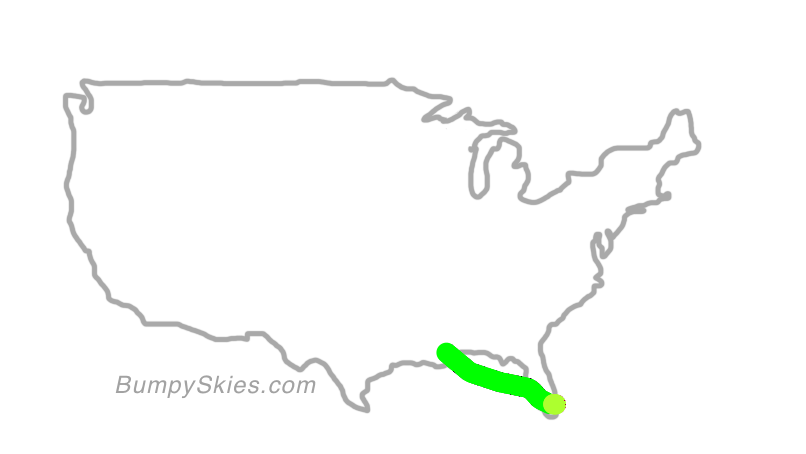 Map of continental US with illustrated flight path and turbulence forecast (described in text below)
