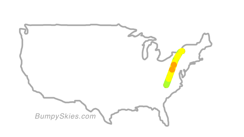 Map of continental US with illustrated flight path and turbulence forecast (described in text below)
