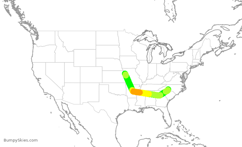 Turbulence forecast map for AAL3233, MCI to CLT