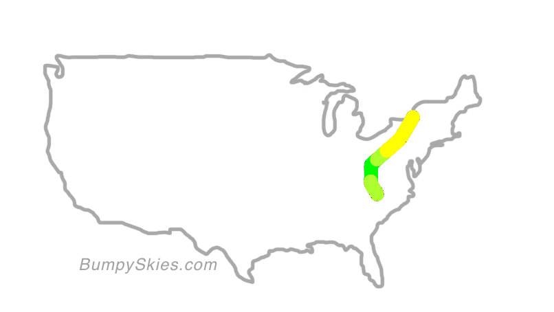 Map of continental US with illustrated flight path and turbulence forecast (described in text below)