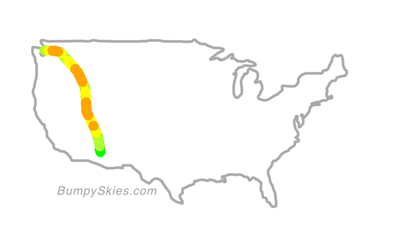 Map of continental US with illustrated flight path and turbulence forecast (described in text below)