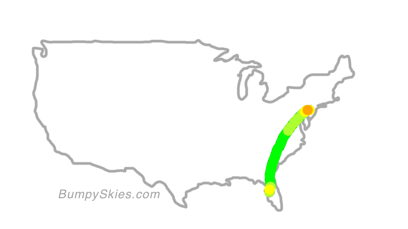 Map of continental US with illustrated flight path and turbulence forecast (described in text below)