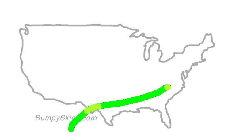 Map of continental US with illustrated flight path and turbulence forecast (described in text below)