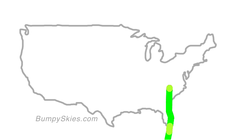Map of continental US with illustrated flight path and turbulence forecast (described in text below)