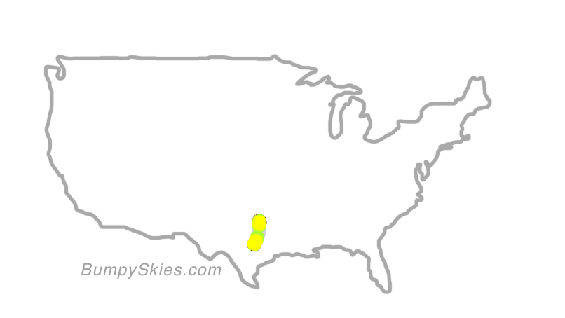 Map of continental US with illustrated flight path and turbulence forecast (described in text below)